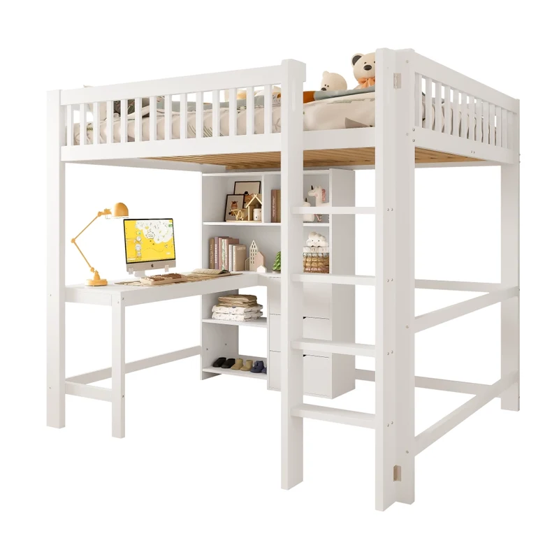 Letto a soppalco 140x200 con scrivania; scala e cassetti; pino e MDF bianco