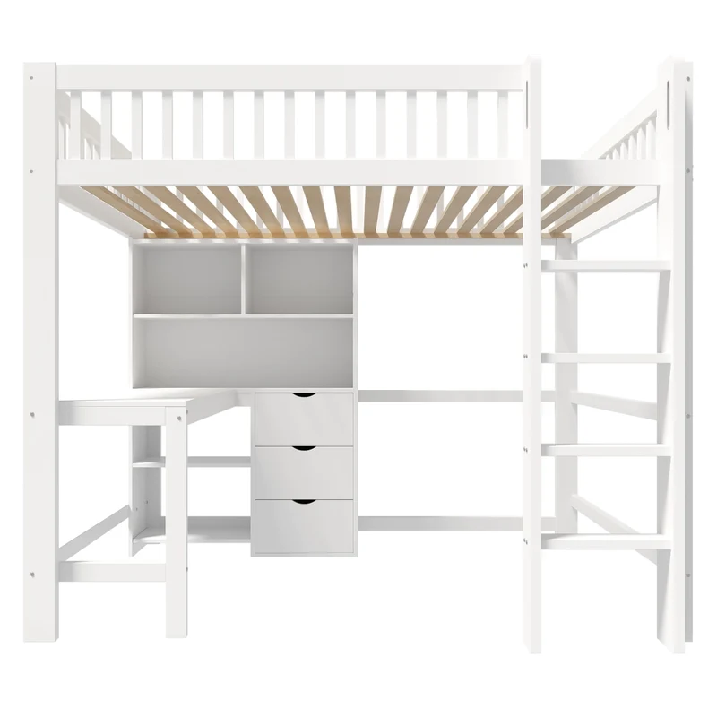 Letto a soppalco 140x200 con scrivania; scala e cassetti; pino e MDF bianco