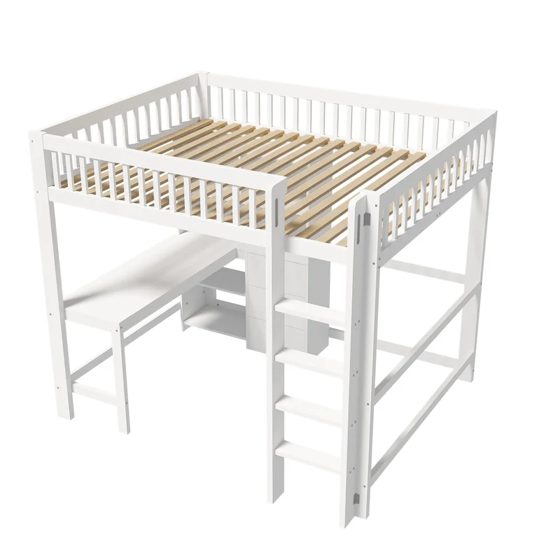 Letto a soppalco 140x200 con scrivania; scala e cassetti; pino e MDF bianco