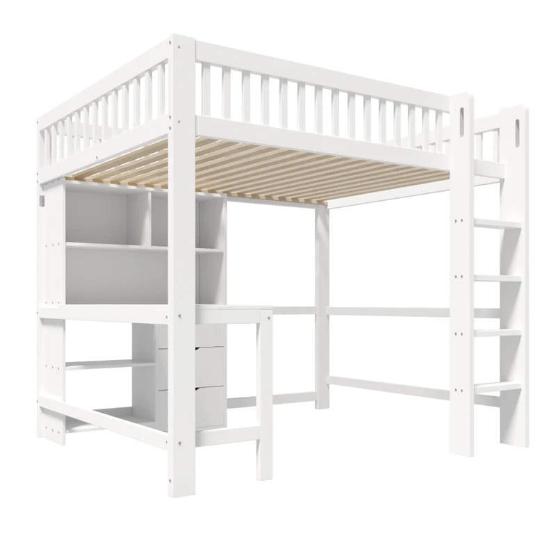 Letto a soppalco 140x200 con scrivania; scala e cassetti; pino e MDF bianco