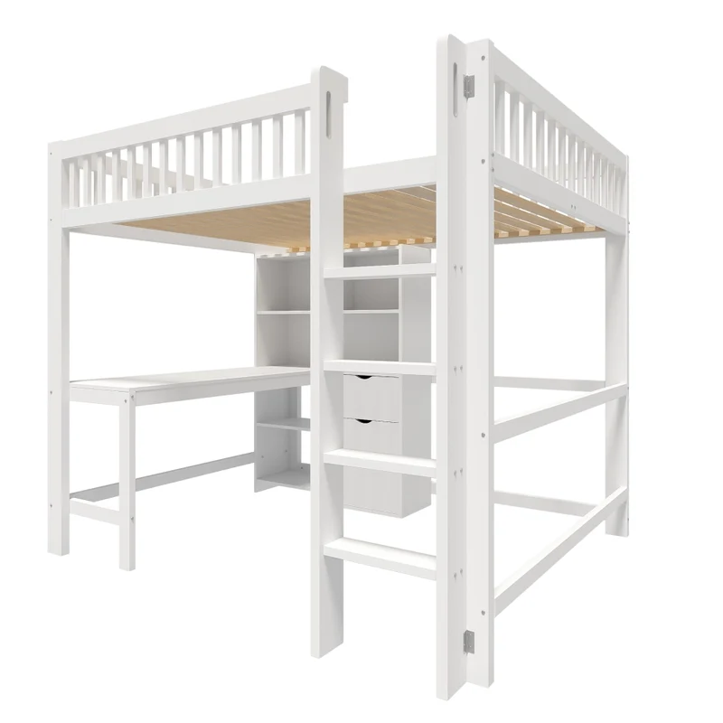 Letto a soppalco 140x200 con scrivania; scala e cassetti; pino e MDF bianco