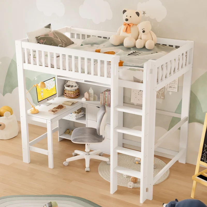 Letto a soppalco 90x200 cm con scrivania integrata; scala e cassetti; legno bianco; senza materasso