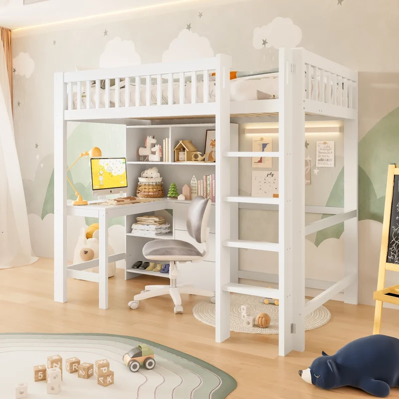 Letto a soppalco 90x200 cm con scrivania integrata; scala e cassetti; legno bianco; senza materasso