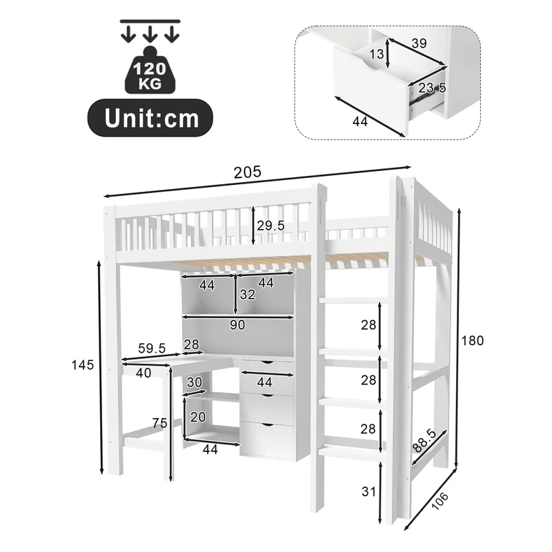Letto a soppalco 90x200 cm con scrivania integrata; scala e cassetti; legno bianco; senza materasso