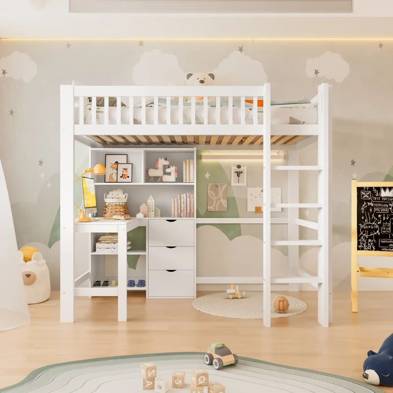 Letto a soppalco 90x200 cm con scrivania integrata; scala e cassetti; legno bianco; senza materasso