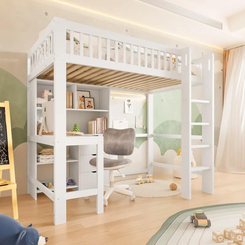 Letto a soppalco 90x200 cm con scrivania integrata; scala e cassetti; legno bianco; senza materasso