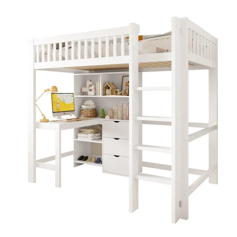 Letto a soppalco 90x200 cm con scrivania integrata; scala e cassetti; legno bianco; senza materasso