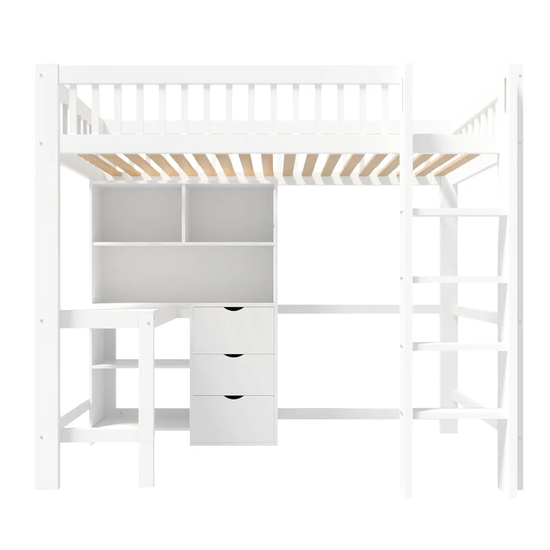 Letto a soppalco 90x200 cm con scrivania integrata; scala e cassetti; legno bianco; senza materasso