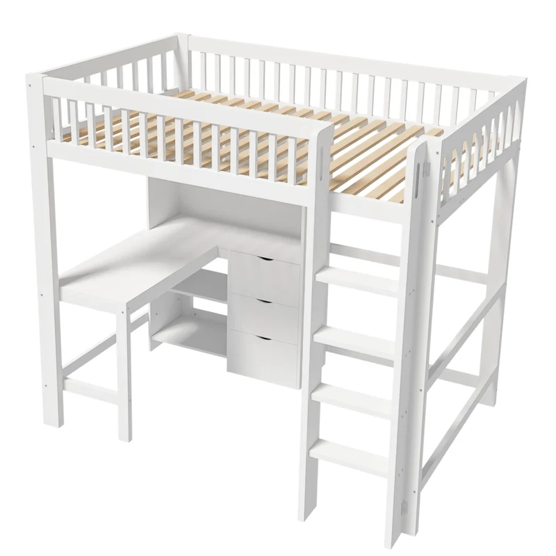Letto a soppalco 90x200 cm con scrivania integrata; scala e cassetti; legno bianco; senza materasso