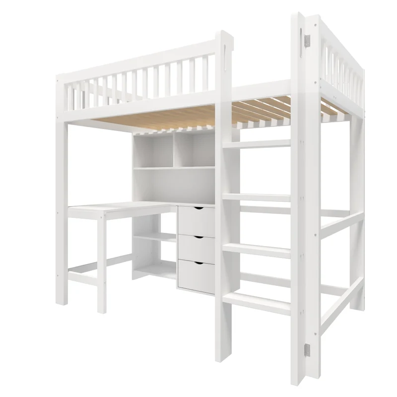 Letto a soppalco 90x200 cm con scrivania integrata; scala e cassetti; legno bianco; senza materasso