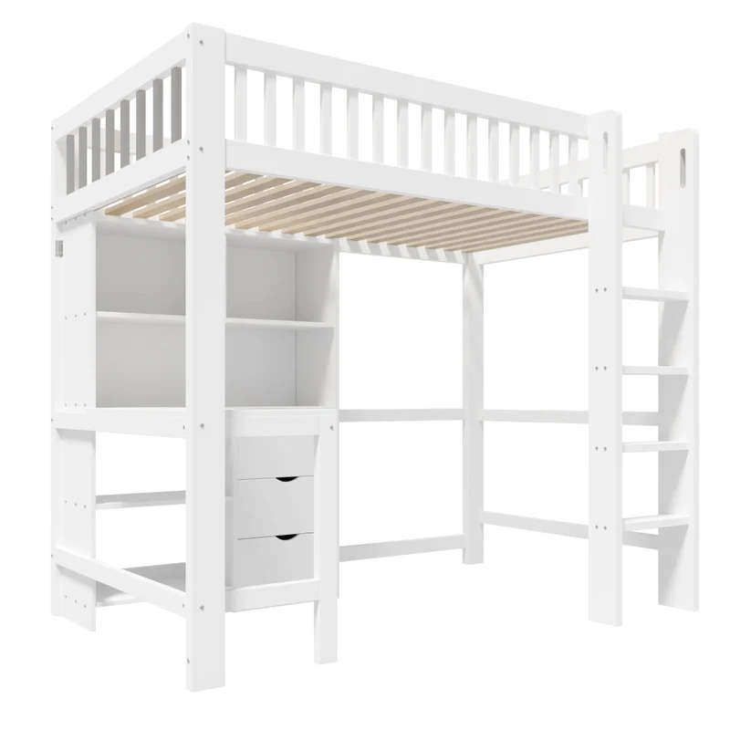 Letto a soppalco 90x200 cm con scrivania integrata; scala e cassetti; legno bianco; senza materasso