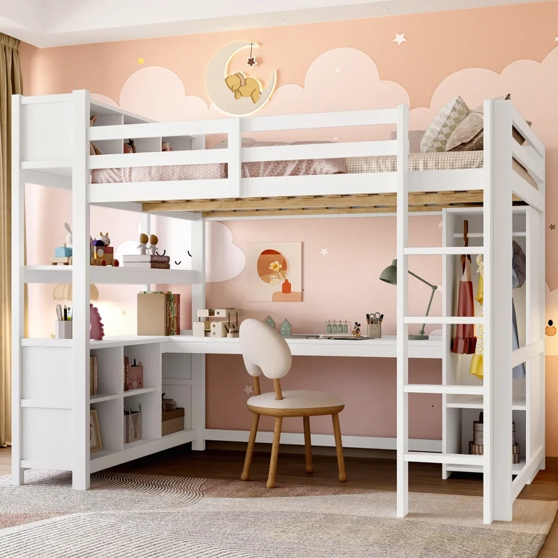Letto a soppalco 140x200 cm con scrivania; armadio e scaffali; bianco