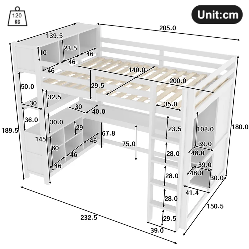 Letto a soppalco 140x200 cm con scrivania; armadio e scaffali; bianco