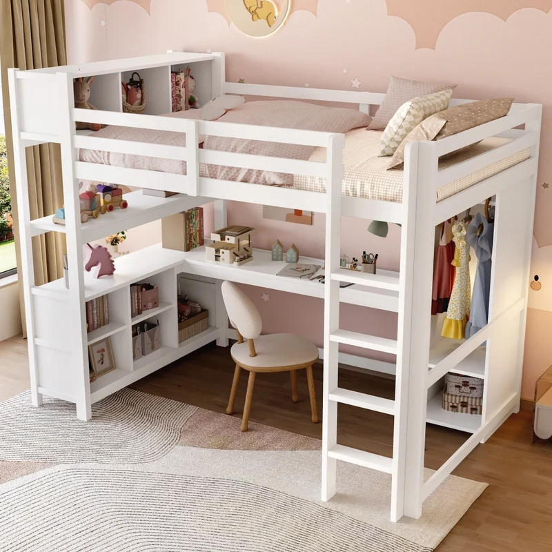 Letto a soppalco 140x200 cm con scrivania; armadio e scaffali; bianco