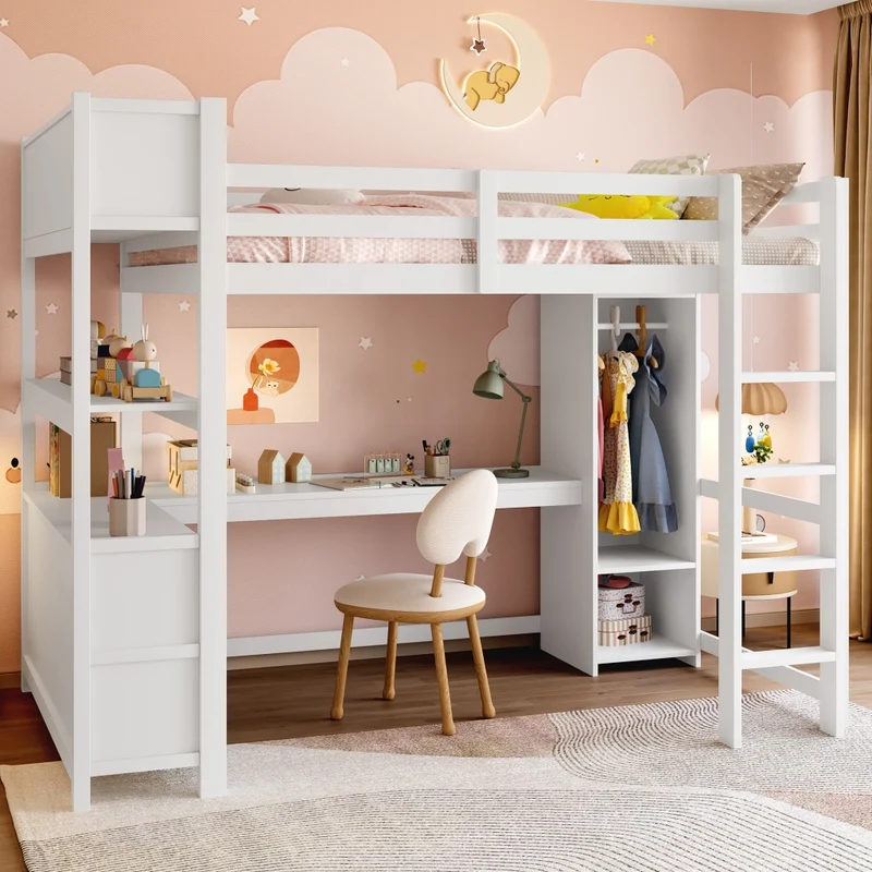 Letto a soppalco 140x200 cm con scrivania; armadio e scaffali; bianco