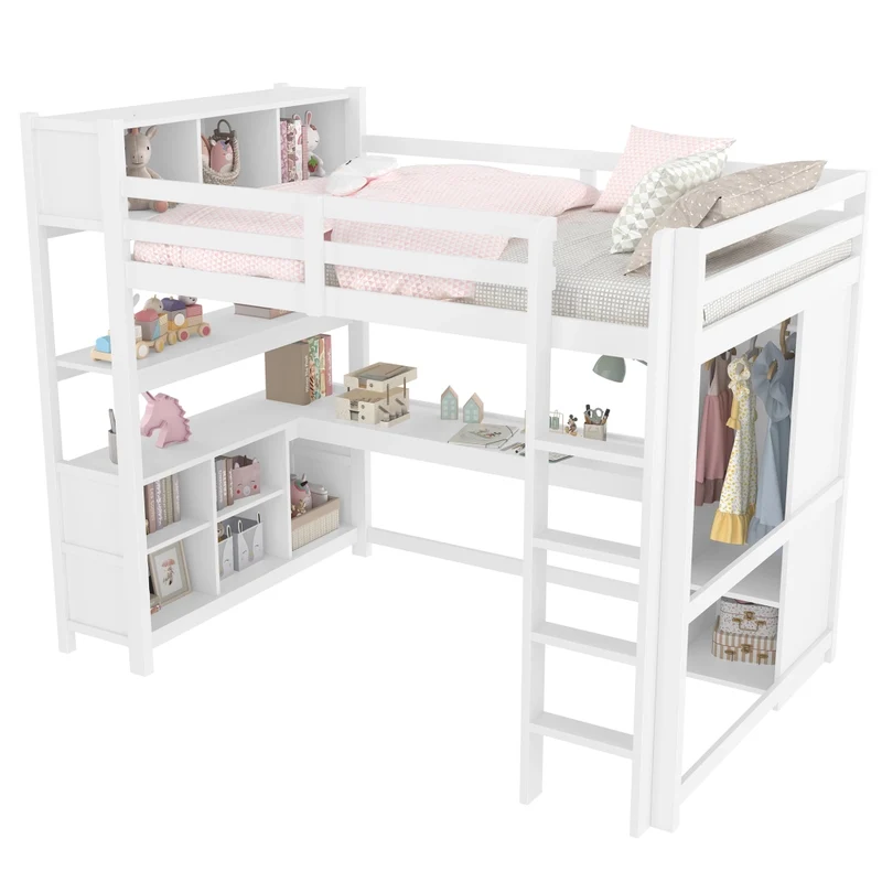 Letto a soppalco 140x200 cm con scrivania; armadio e scaffali; bianco