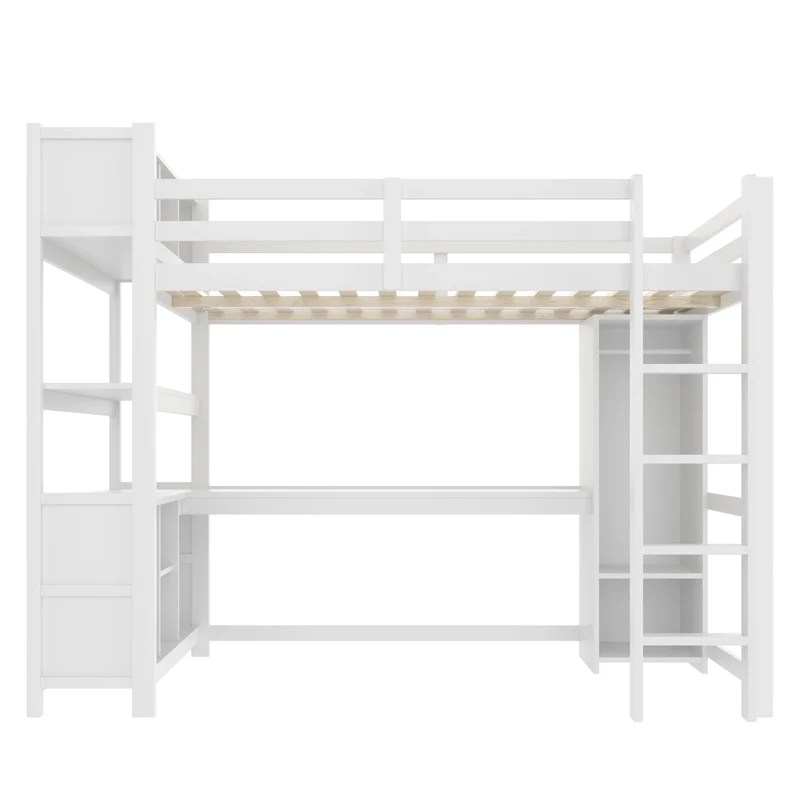 Letto a soppalco 140x200 cm con scrivania; armadio e scaffali; bianco