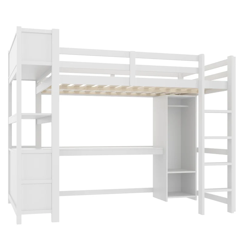 Letto a soppalco 140x200 cm con scrivania; armadio e scaffali; bianco