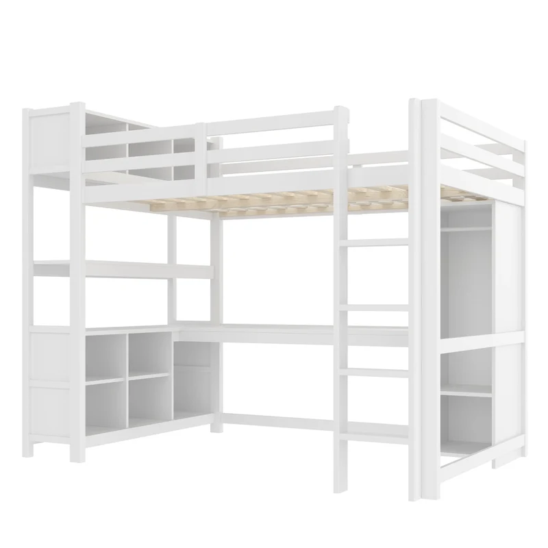 Letto a soppalco 140x200 cm con scrivania; armadio e scaffali; bianco