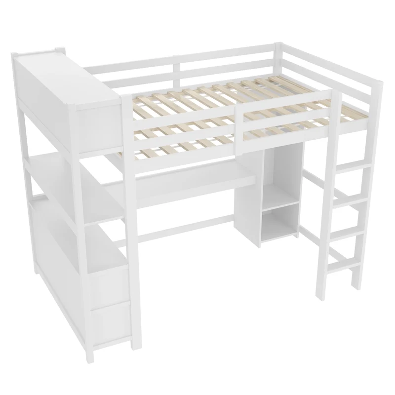 Letto a soppalco 140x200 cm con scrivania; armadio e scaffali; bianco
