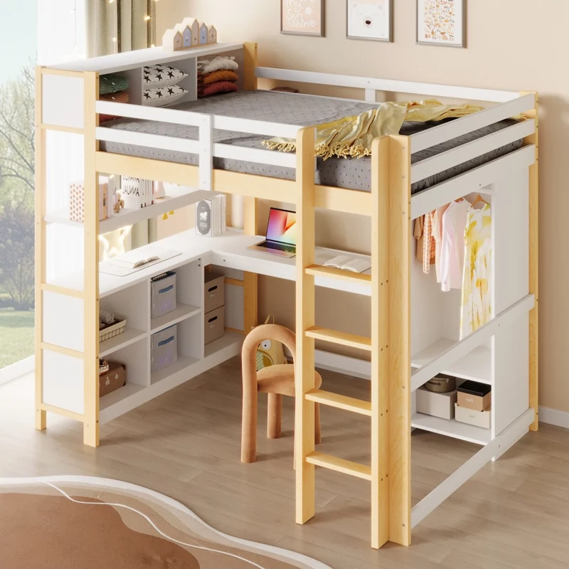 Letto a soppalco 140x200 con scrivania; armadio e scaffali in pino; bianco e naturale