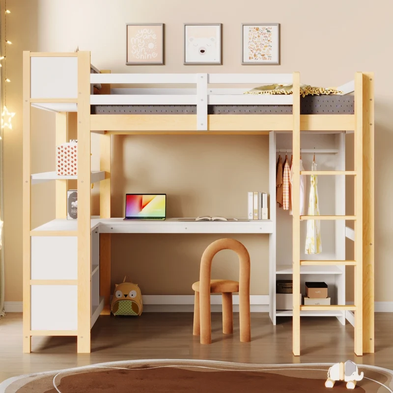 Letto a soppalco 140x200 con scrivania; armadio e scaffali in pino; bianco e naturale