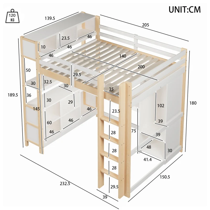 Letto a soppalco 140x200 con scrivania; armadio e scaffali in pino; bianco e naturale