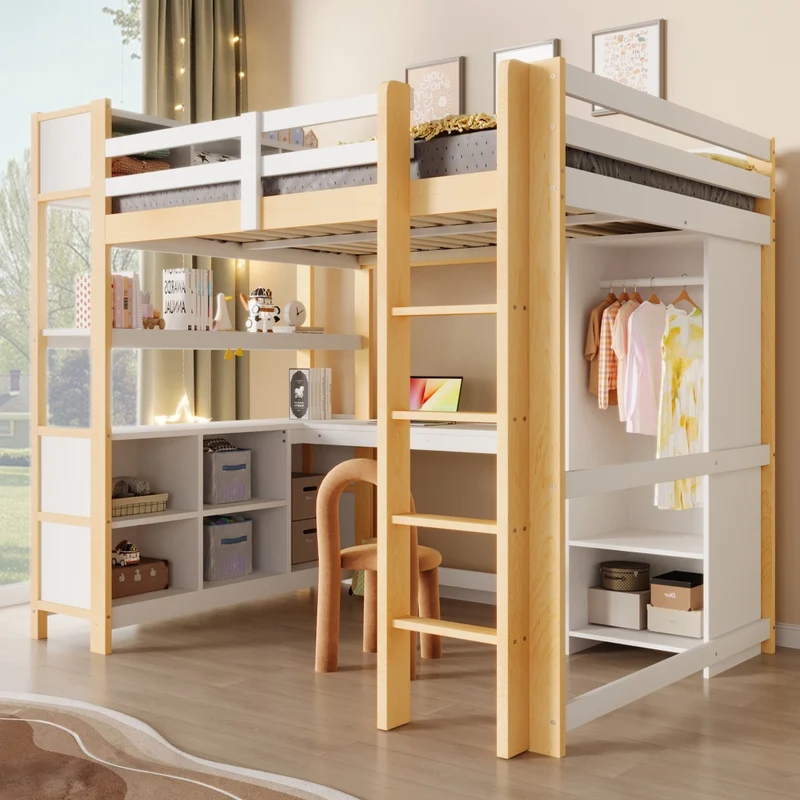 Letto a soppalco 140x200 con scrivania; armadio e scaffali in pino; bianco e naturale