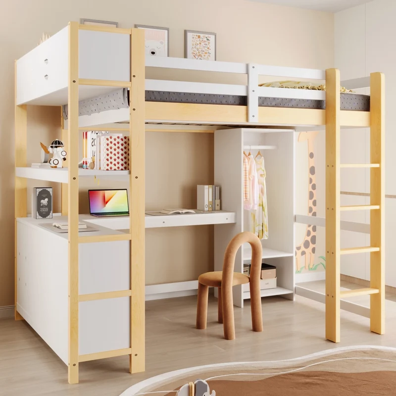 Letto a soppalco 140x200 con scrivania; armadio e scaffali in pino; bianco e naturale