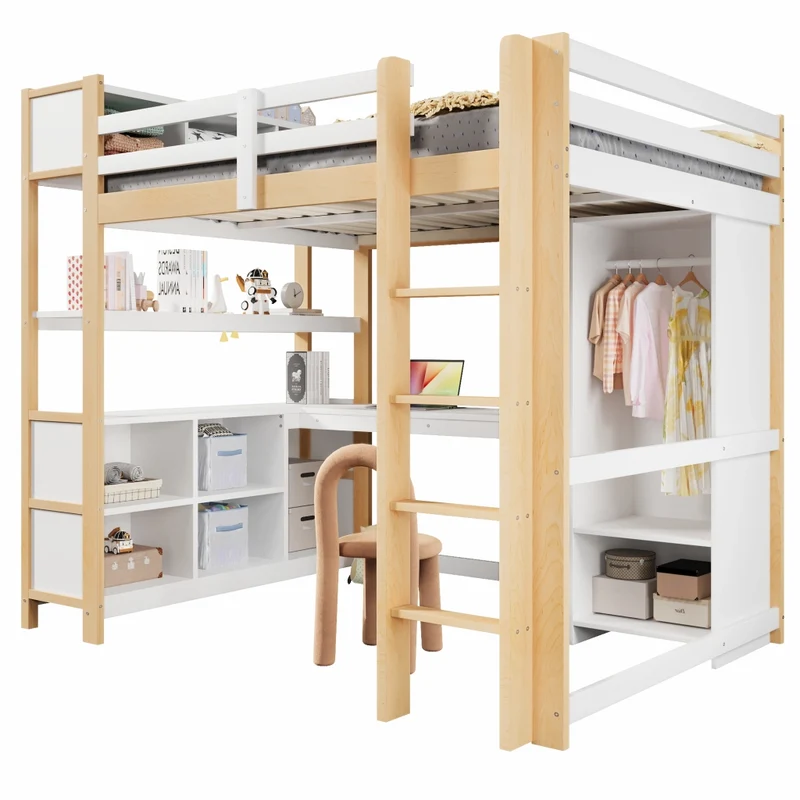 Letto a soppalco 140x200 con scrivania; armadio e scaffali in pino; bianco e naturale