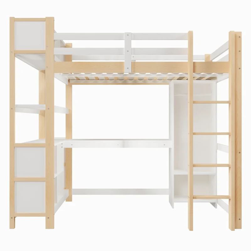 Letto a soppalco 140x200 con scrivania; armadio e scaffali in pino; bianco e naturale