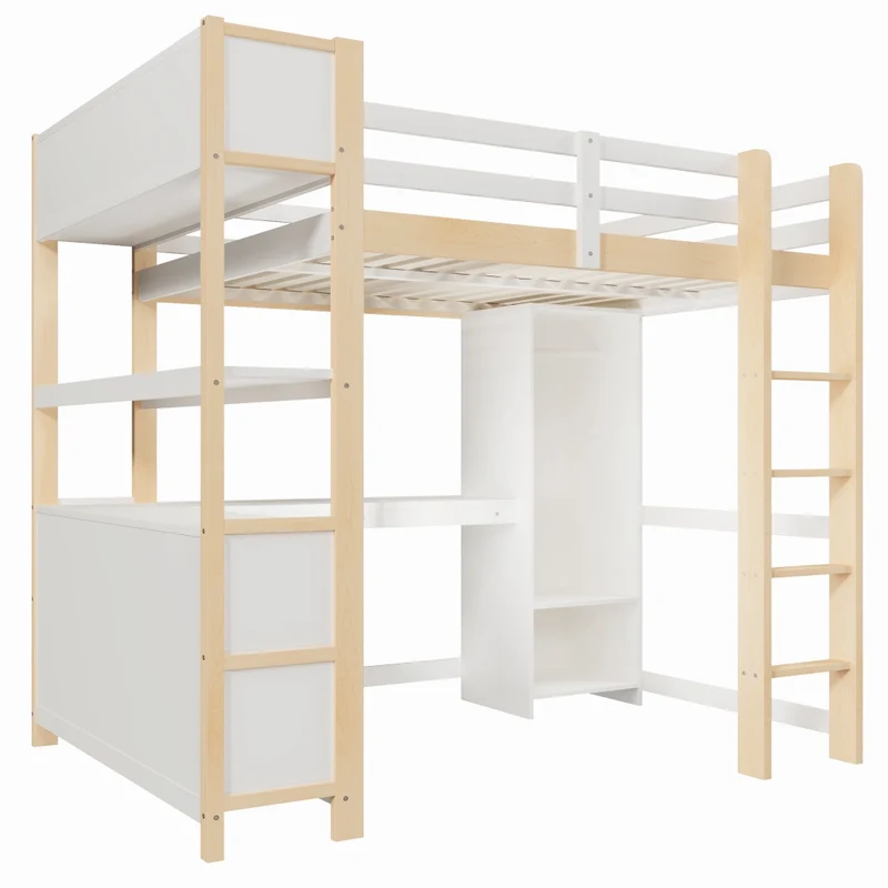 Letto a soppalco 140x200 con scrivania; armadio e scaffali in pino; bianco e naturale