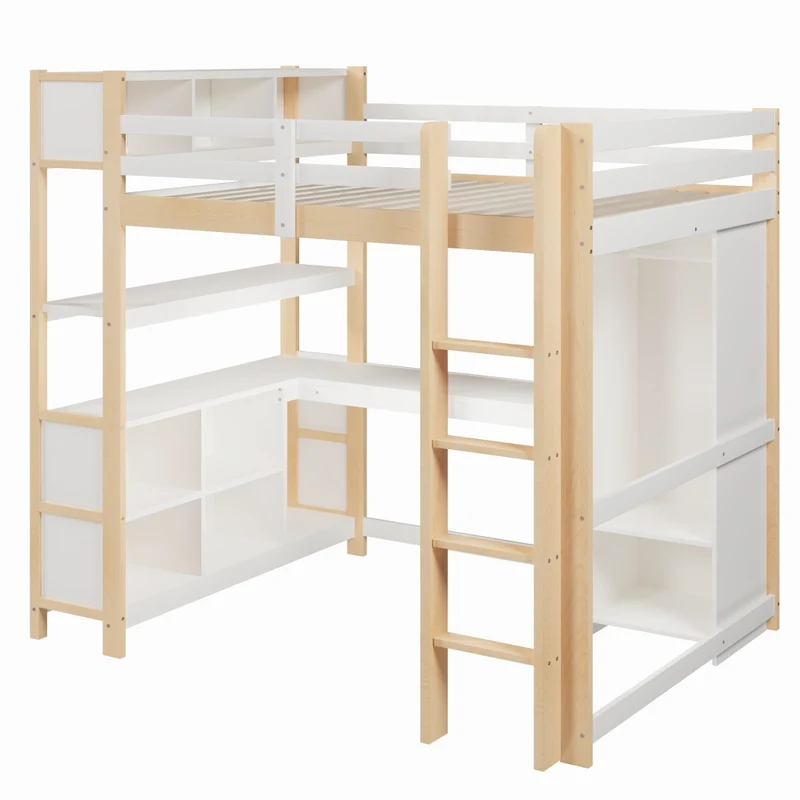 Letto a soppalco 140x200 con scrivania; armadio e scaffali in pino; bianco e naturale