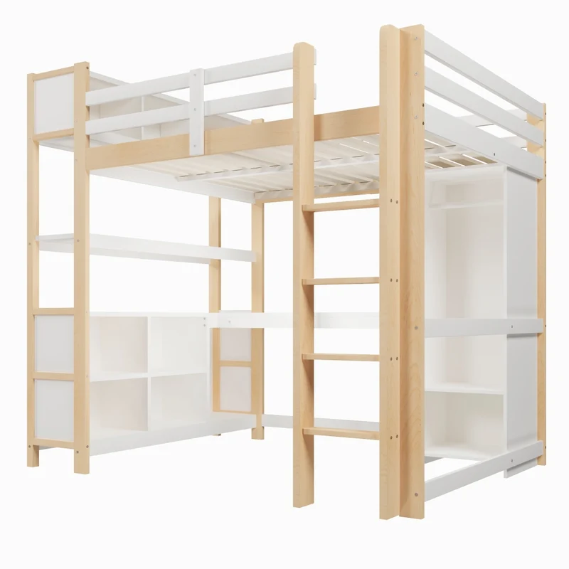 Letto a soppalco 140x200 con scrivania; armadio e scaffali in pino; bianco e naturale