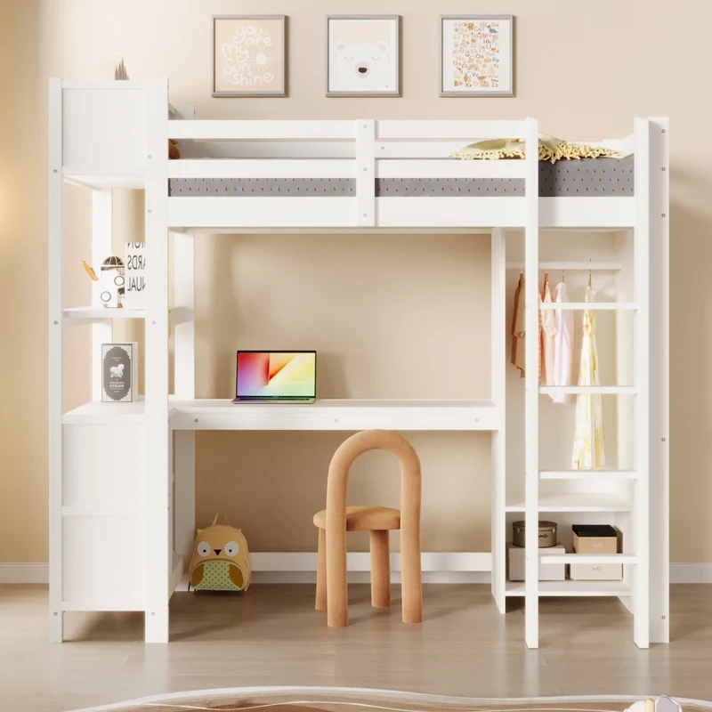 Letto a soppalco 90x200 cm con scrivania; armadio e scaffali; in pino e MDF bianco per cameretta