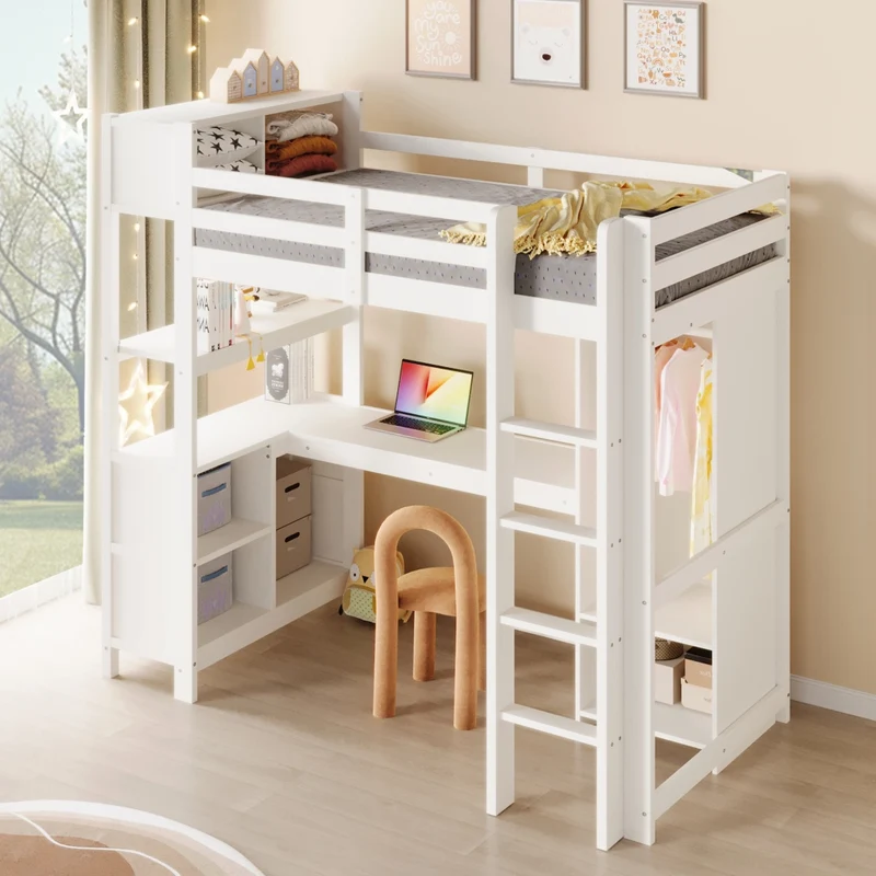 Letto a soppalco 90x200 cm con scrivania; armadio e scaffali; in pino e MDF bianco per cameretta