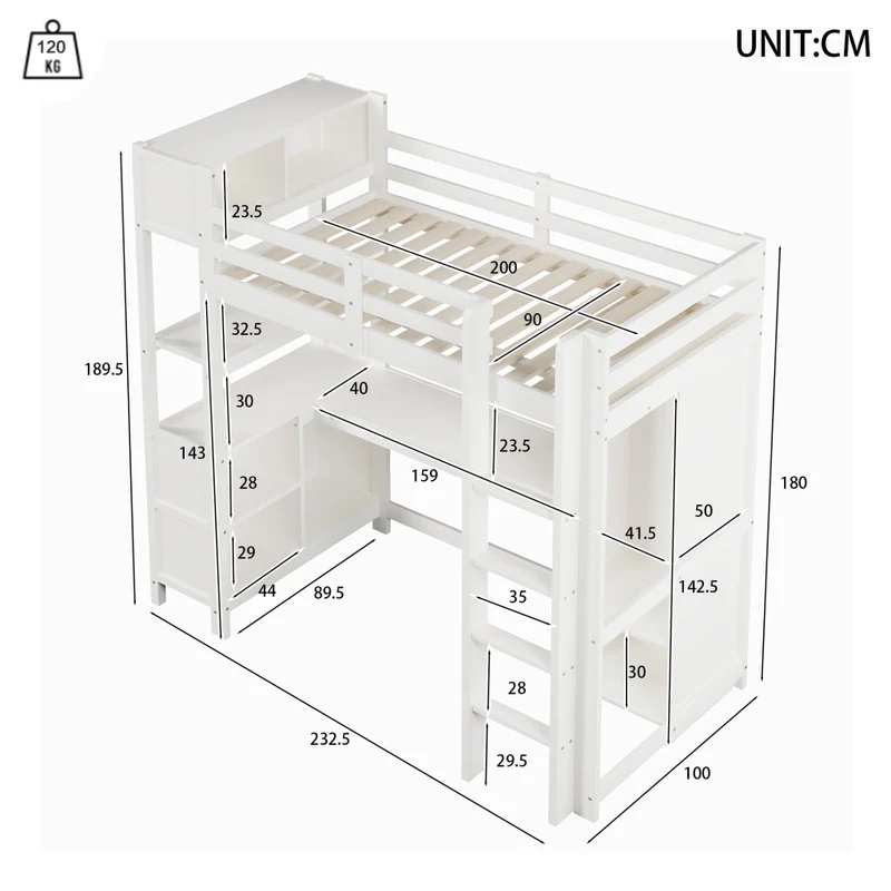 Letto a soppalco 90x200 cm con scrivania; armadio e scaffali; in pino e MDF bianco per cameretta