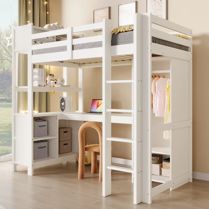 Letto a soppalco 90x200 cm con scrivania; armadio e scaffali; in pino e MDF bianco per cameretta