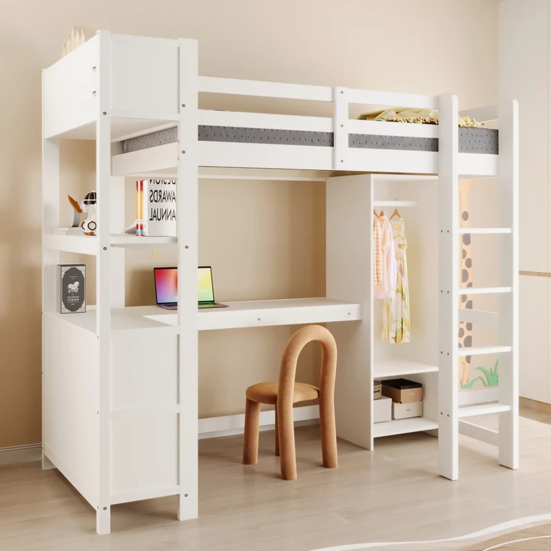 Letto a soppalco 90x200 cm con scrivania; armadio e scaffali; in pino e MDF bianco per cameretta