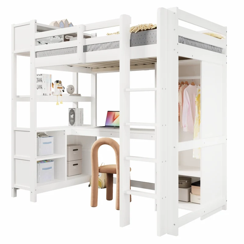Letto a soppalco 90x200 cm con scrivania; armadio e scaffali; in pino e MDF bianco per cameretta