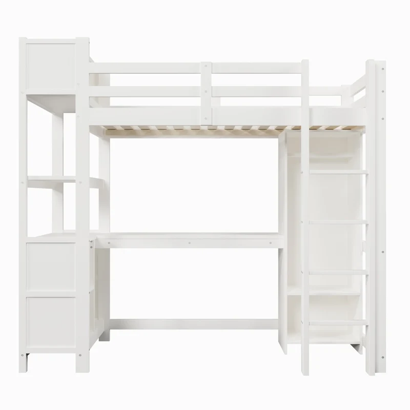Letto a soppalco 90x200 cm con scrivania; armadio e scaffali; in pino e MDF bianco per cameretta