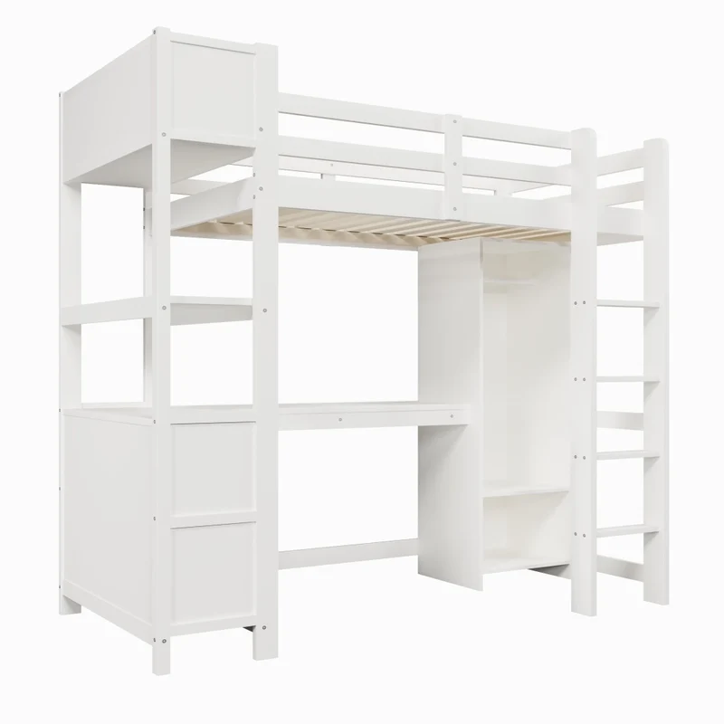 Letto a soppalco 90x200 cm con scrivania; armadio e scaffali; in pino e MDF bianco per cameretta