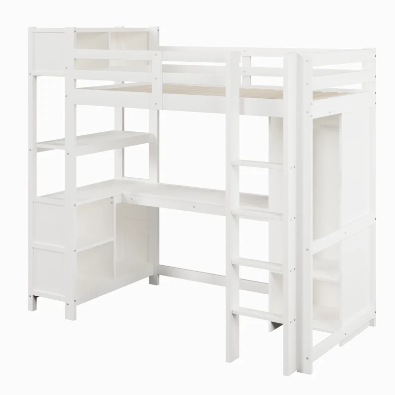 Letto a soppalco 90x200 cm con scrivania; armadio e scaffali; in pino e MDF bianco per cameretta