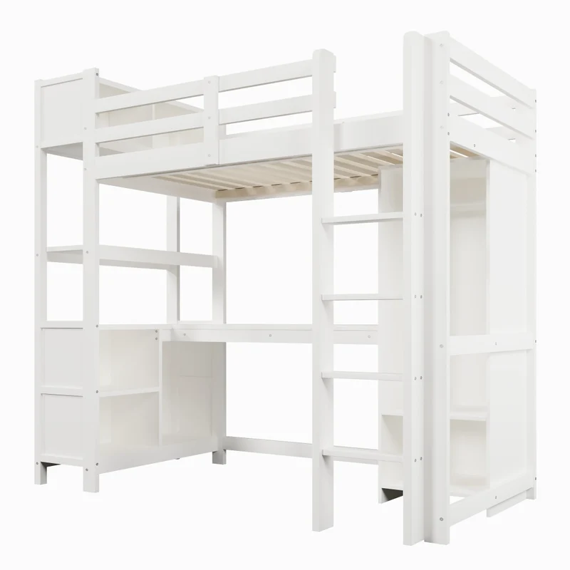 Letto a soppalco 90x200 cm con scrivania; armadio e scaffali; in pino e MDF bianco per cameretta