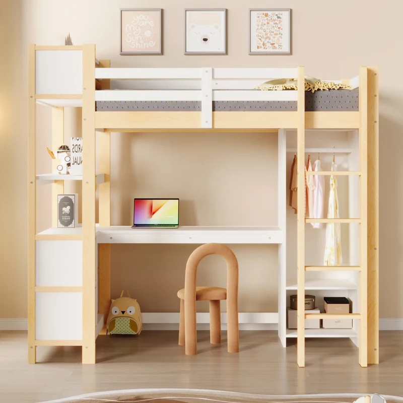 Letto a soppalco 90x200 cm con scrivania; scaffali e armadio in pino e MDF; bianco e naturale