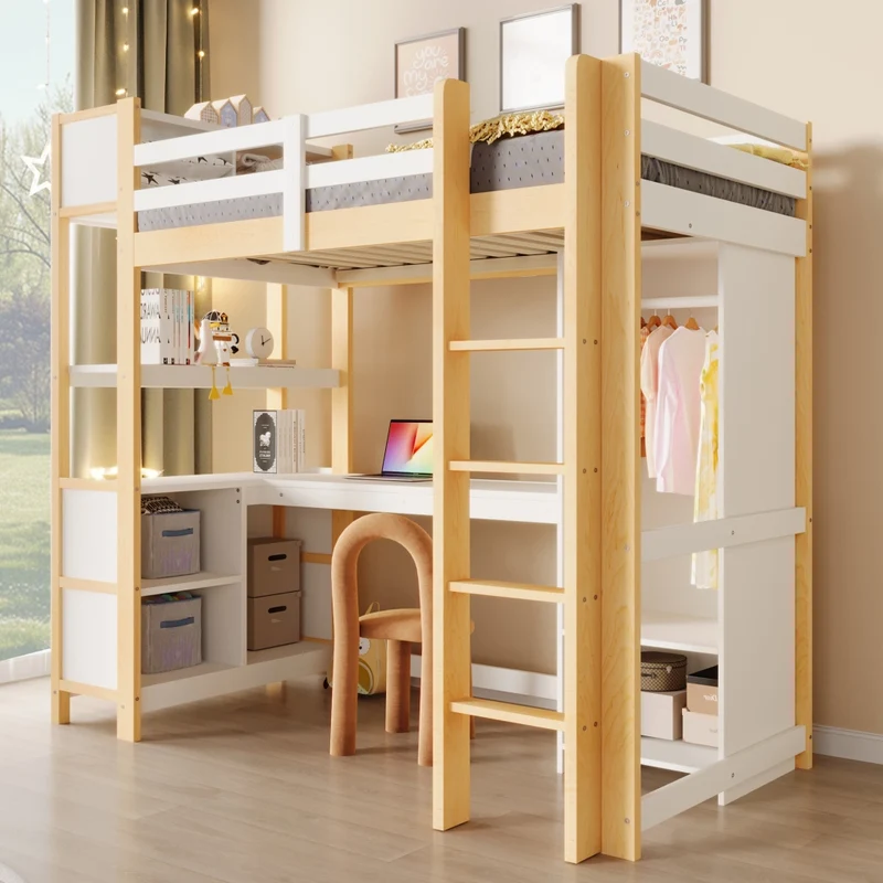 Letto a soppalco 90x200 cm con scrivania; scaffali e armadio in pino e MDF; bianco e naturale