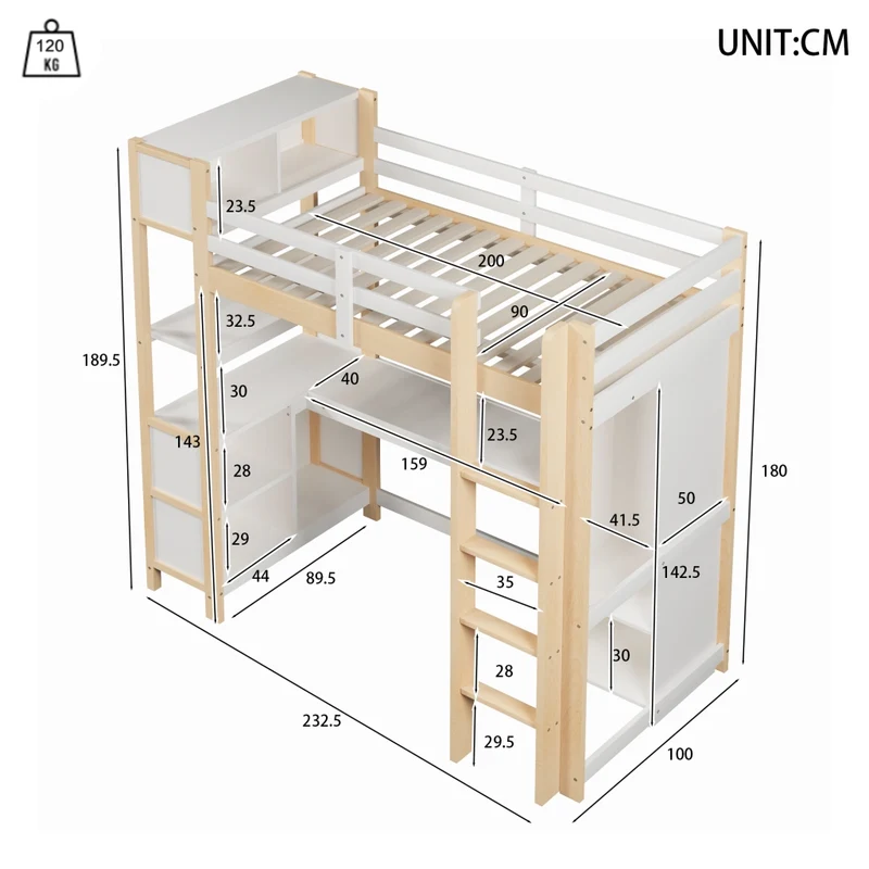 Letto a soppalco 90x200 cm con scrivania; scaffali e armadio in pino e MDF; bianco e naturale