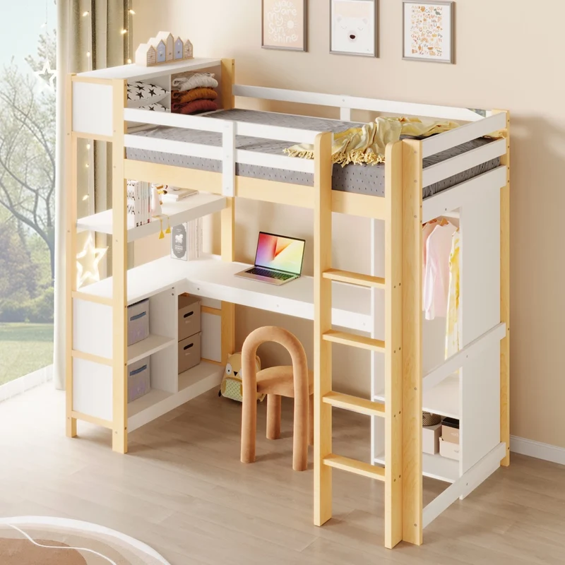 Letto a soppalco 90x200 cm con scrivania; scaffali e armadio in pino e MDF; bianco e naturale