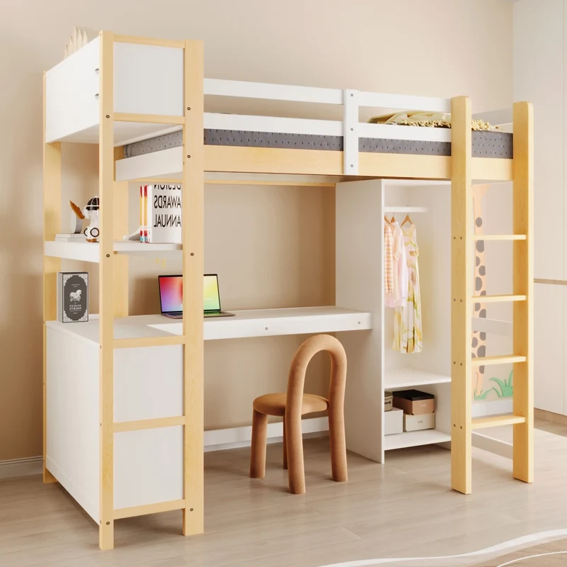 Letto a soppalco 90x200 cm con scrivania; scaffali e armadio in pino e MDF; bianco e naturale