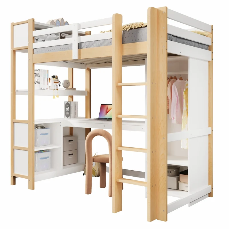 Letto a soppalco 90x200 cm con scrivania; scaffali e armadio in pino e MDF; bianco e naturale